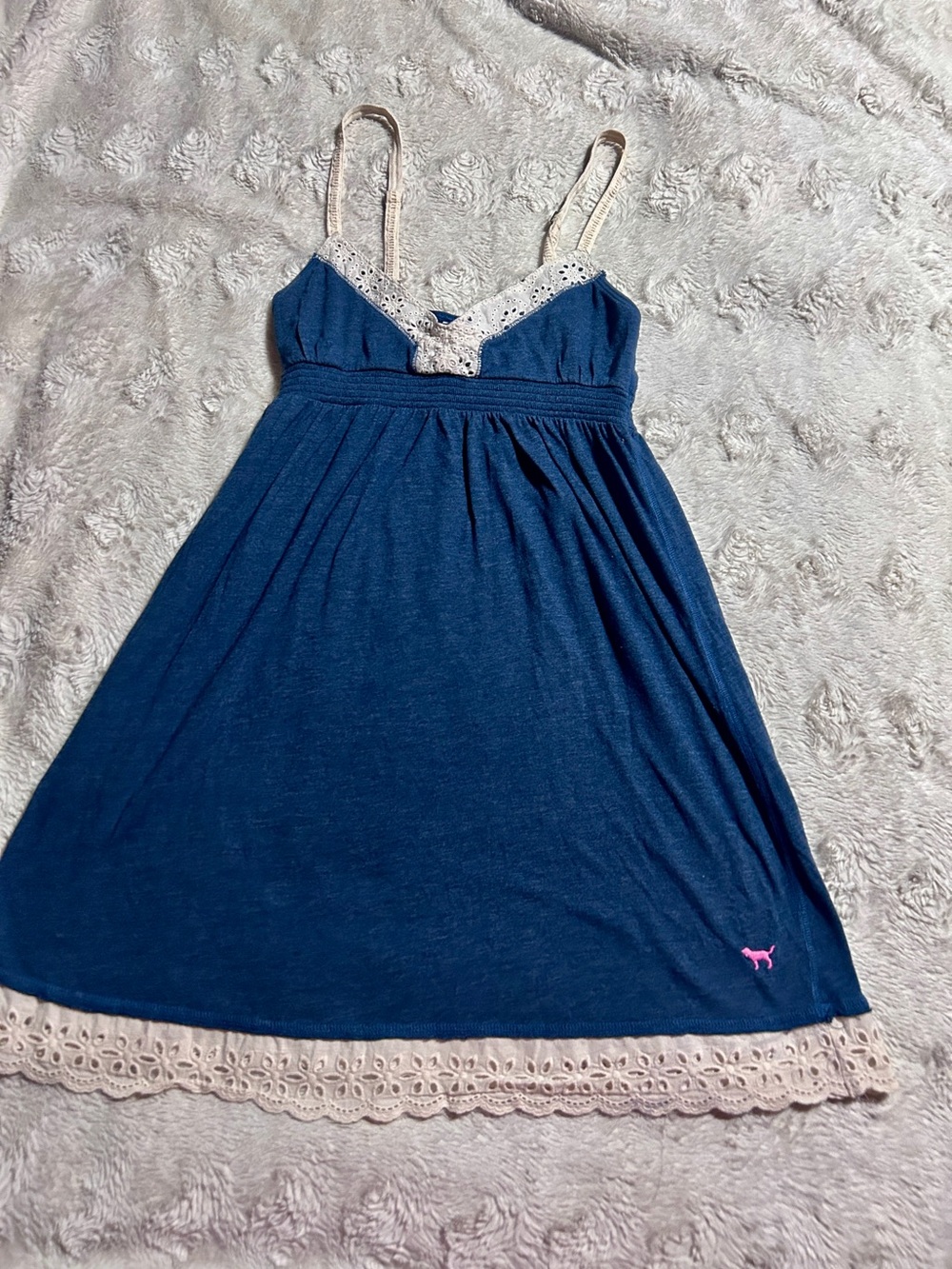 PINK Victoria's Secret Navy Blue Nightdress with Cream Lace Trim